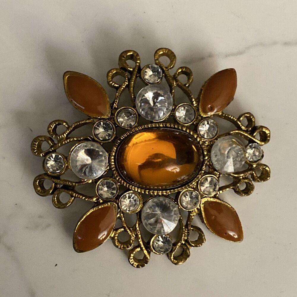 Vintage Gold Tone Amber Stone Brooch Clear Crystal Rhinestone Cluster Pin 1980s